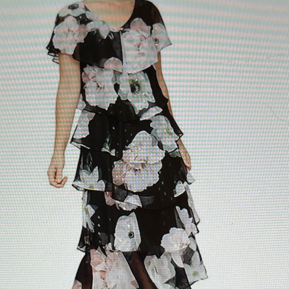 SLNY , Size 12  Chiffon V-Neck Short Capelet Sleeve Tiered MIDI Dress